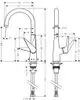 Ein Einhebel-Küchenmischer von Hansgrohe mit einem hohen Auslauf, integriertem Hebel und flexiblen Anschlüssen, abgebildet mit technischen Maßen und Skizzen zur Installation.
